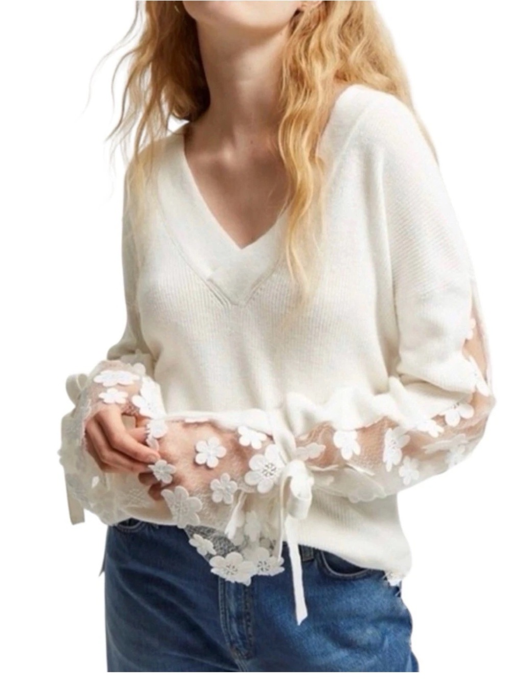 French Connection Caballo Sweater Small Grey Lace Sleeve V-Neck Knit Jumper S